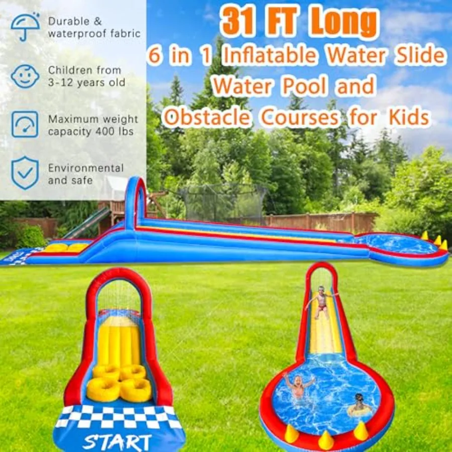 31FT Long Inflatable Water Slide for Outdoor Backyard Use with Obstacle Courses Climbing Ramp Splash Pool Overhead Sprinkle Wat