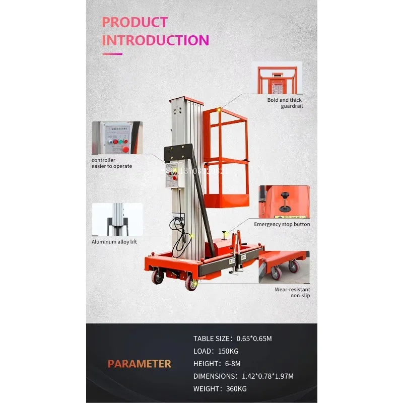 Hydraulic Column Aluminum Alloy Electric One Man Platform with Wheel CE Approved 4m 6m 8m 10m 12m 14m Moveable Mast Ladder Lift