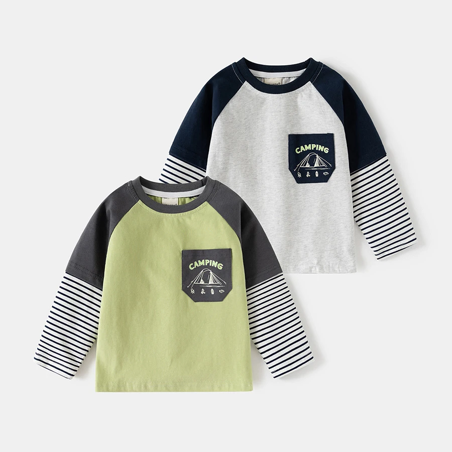 

Korean Style Boys Long Sleeve T-Shirt Autumn New Print Fake Two-Piece Top Casual Children Clothing