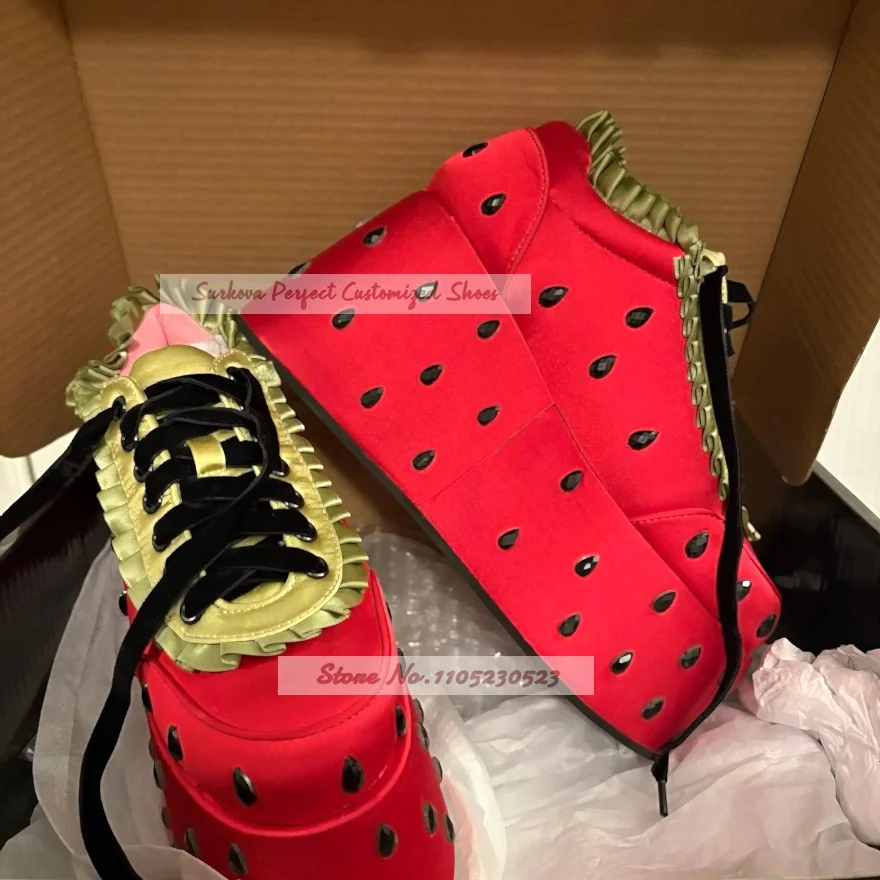 Cute Satin Strawberry Platform Wedge Sneakers Ruffle Edge Black Rhinestone Decor Lace Up High Dress Shoes Cosplay Party Footwear