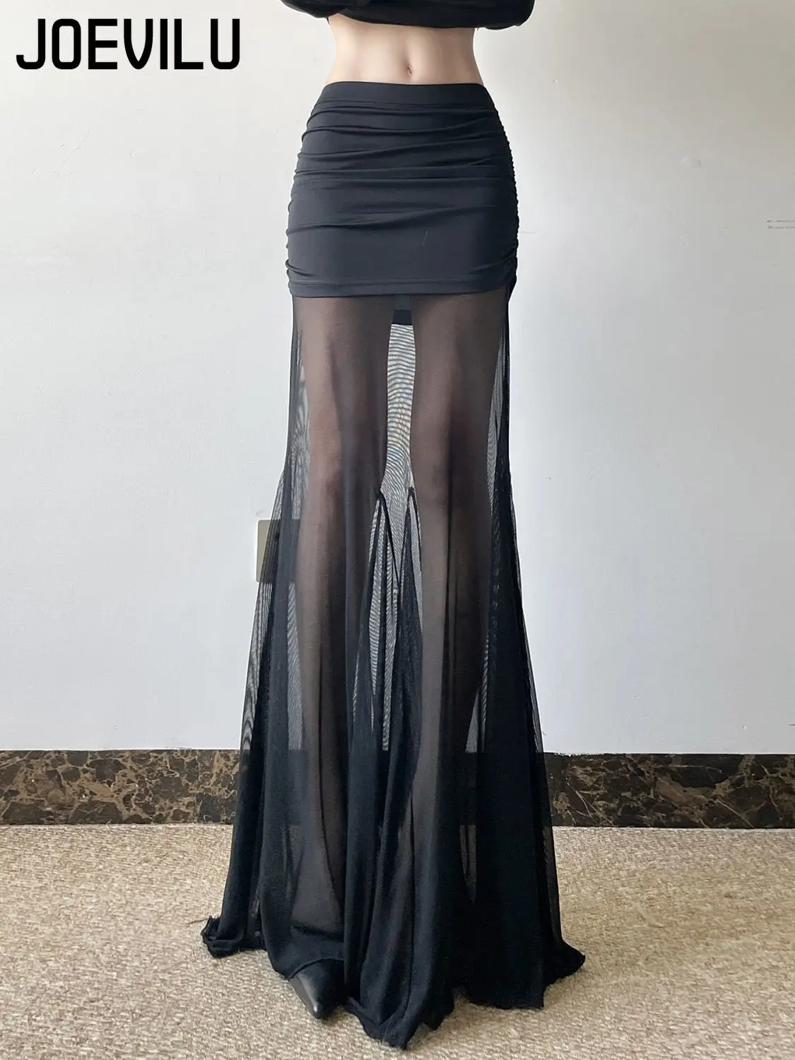 Mesh Paneled Midi Skirt Pleated Bodycon H Line Skirts Gothic Black Bottoms Women's French Style Solid Color Y2k Clothes Vintage