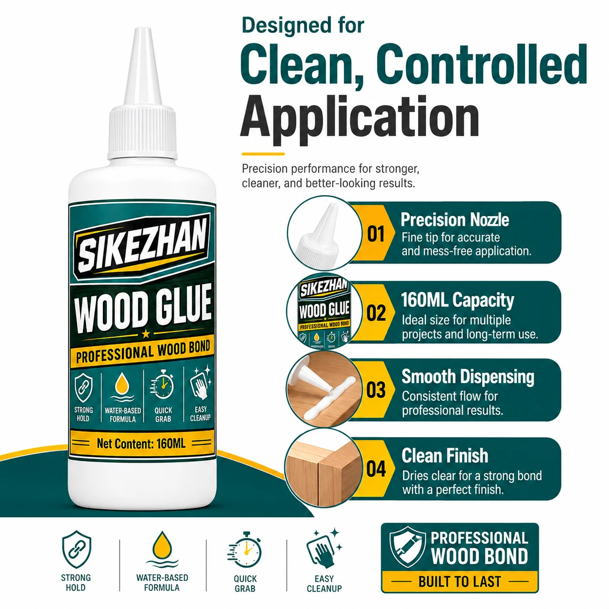 160ml Professional Wood Glue, Fast-Grip Water-Based Adhesive for Woodworking, Furniture Assembly, DIY Crafts and Home Repairs - view 5