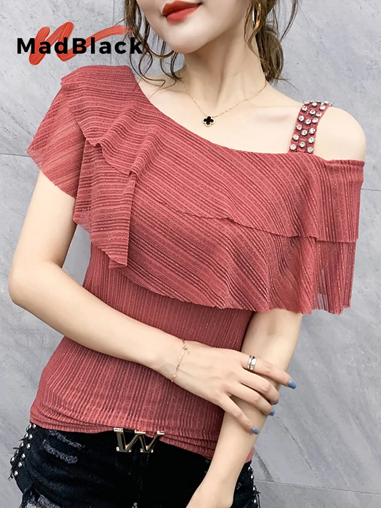 

MadBlack European Clothes TShirt Women Ruffled Slant Shoulder Rhinestones Slim Mesh Tops Short Sleeve Tees Summer New T38417JC