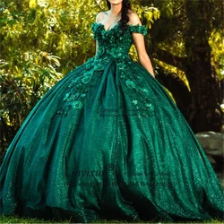 Sweet Emerald Green Mexican Lace Applique Off The Shoulder Quinceanera Dresses For Girl Princess BIrthday Ball Gown Dress