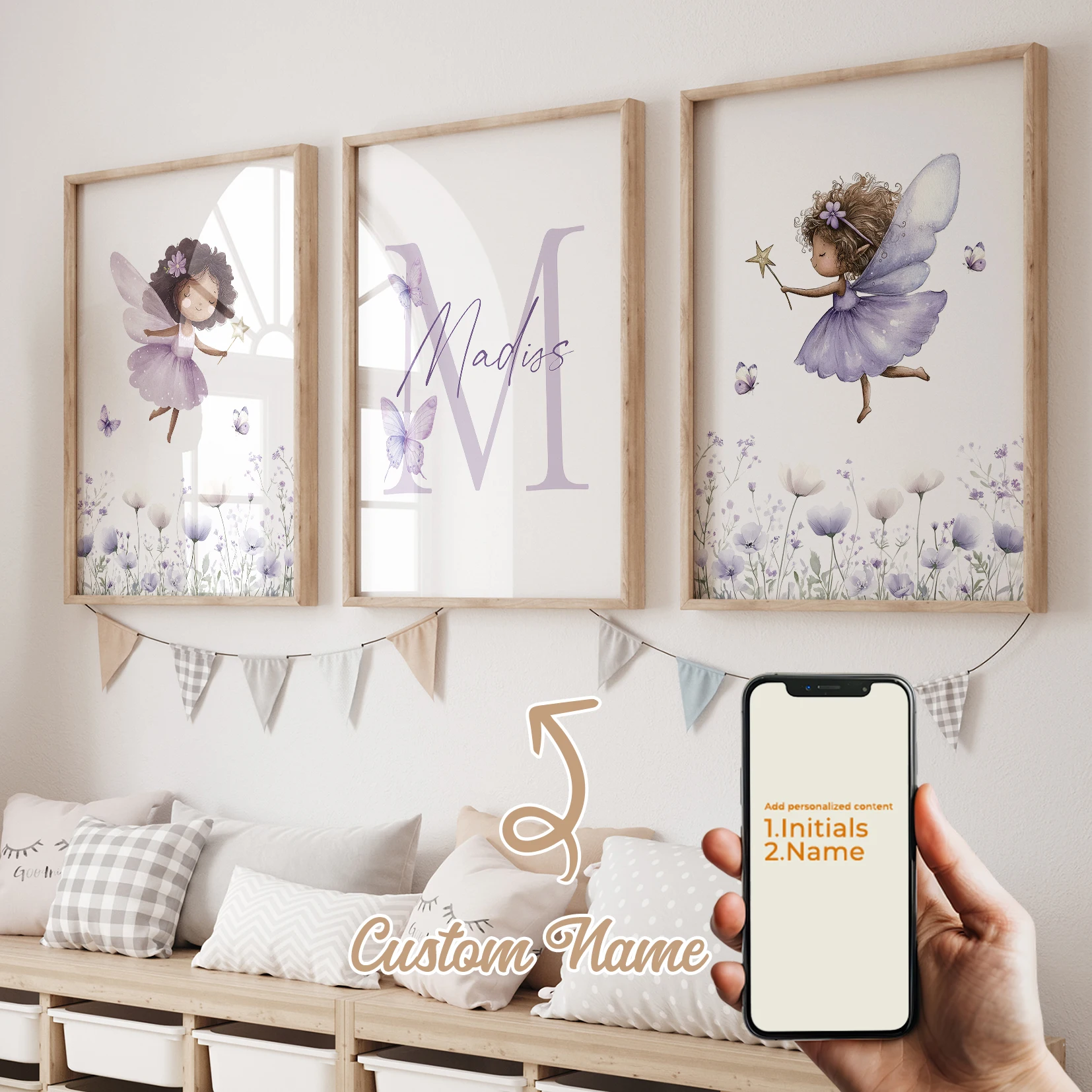 

3pcs Personalized Name Custom Cute Black Elf Purple Flower Butterfly Wall Art Print Picture Living Room Kids Room Home Decor