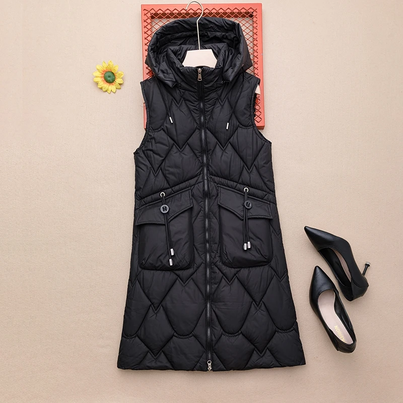 

Detachable Hat down Cotton Vest Women's Mid-Length Slim Fit Versatile Cotton Vest Long oulder Pad 2025 Autumn Winter New Sle