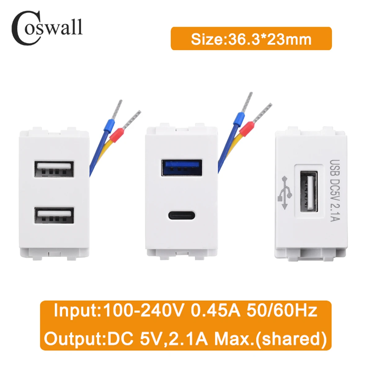 COSWALL AC 100-240V 128 Type Type-C &A Dual USB Charger 36.3*23mm Size Wall Socket DC 5V,2A Max. Module DIY White / Black
