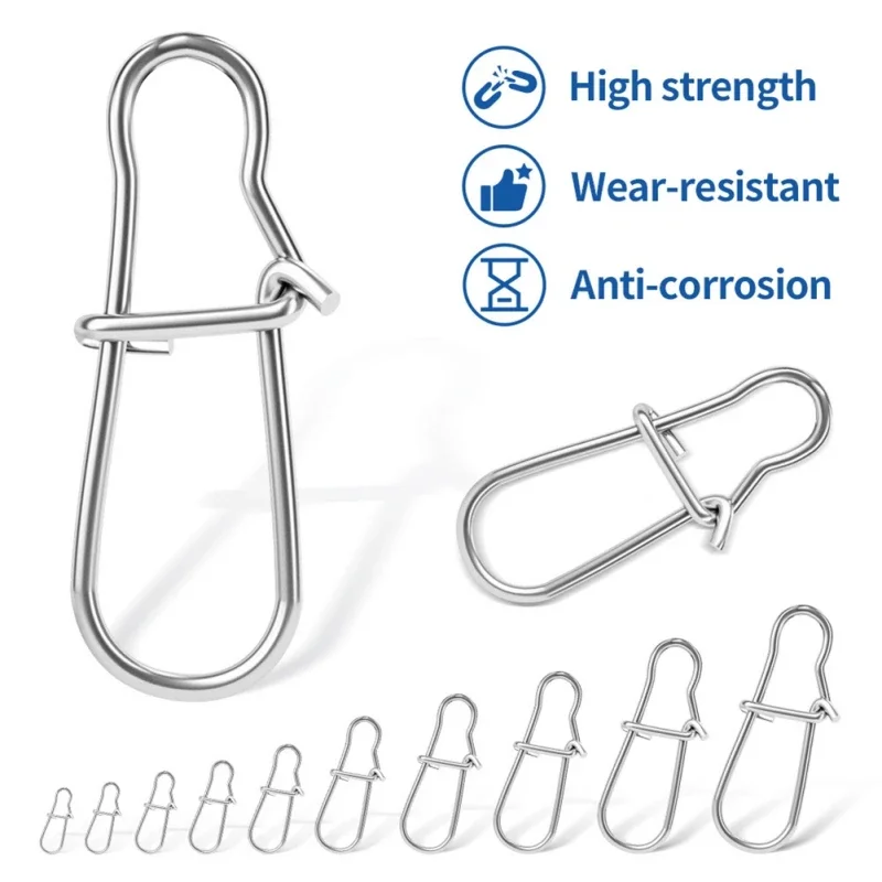 100PCS Fishing Swivel Connector Hooks Line Clip Lock Carabiners Stainless Steel Fishing Fastener Snaps Tool Fish Tackle For Lure