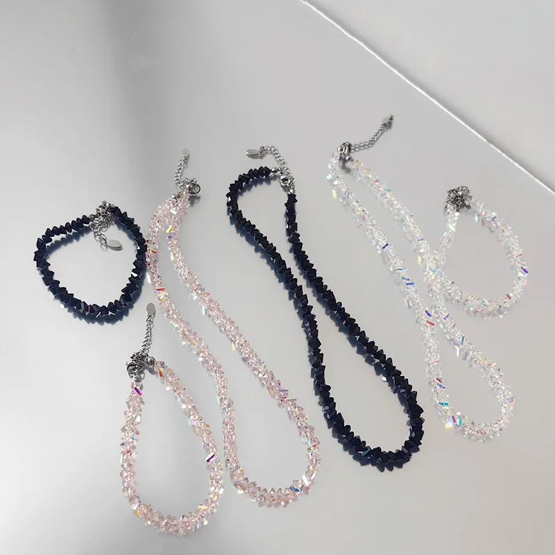 Mulit-cut Glass Crystal Irregular Beaded Bracelet Necklace for Women Transparent Vintage Korean Collarbone Chain Charm Jewelry