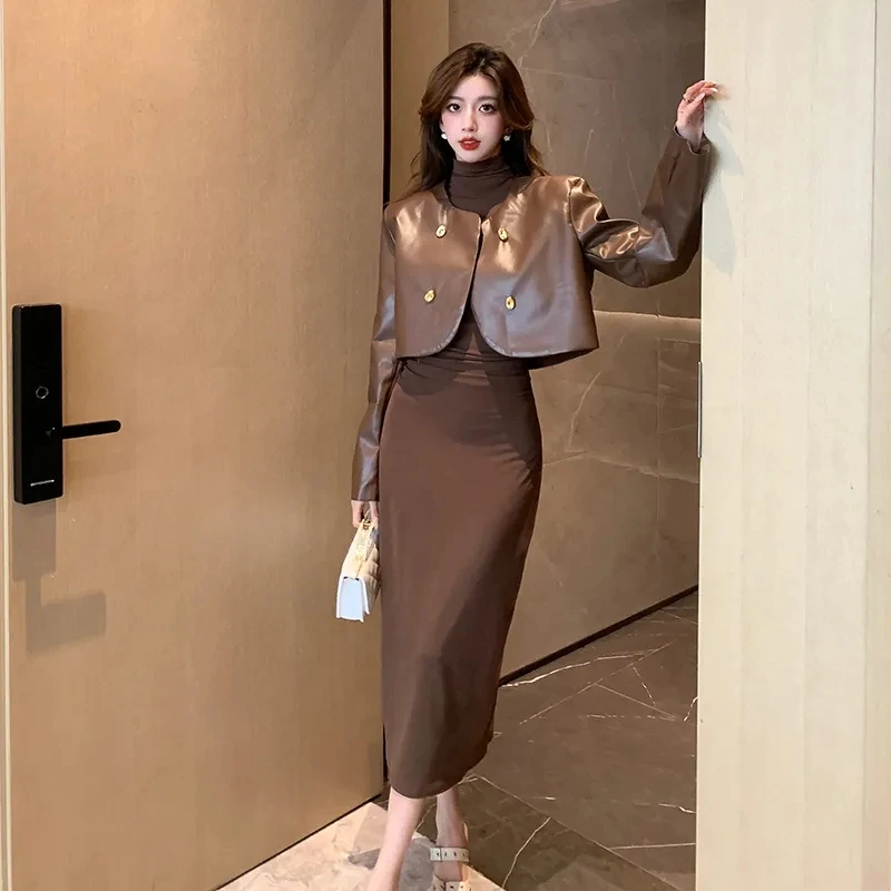 2024 Spring Autumn New Retro O-Neck Loose Short PU Leather Coat Jacket + Slim High Neck Long Dress 2PCS Women Dresses Suits 2PCS