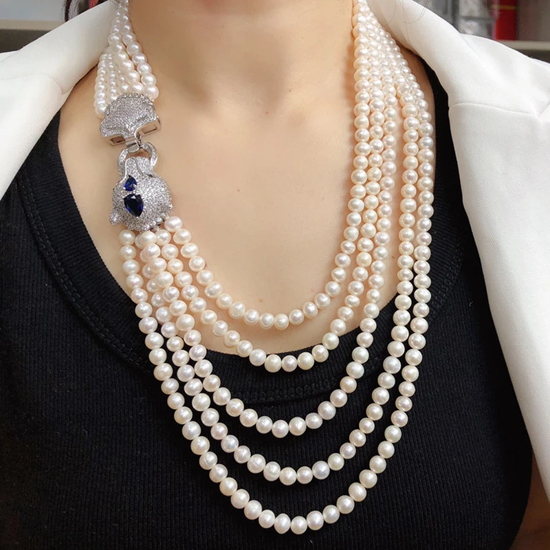 Vintage multi-layer freshwater necklace women, white, fashionable and versatile accessory, pearl sweater chain