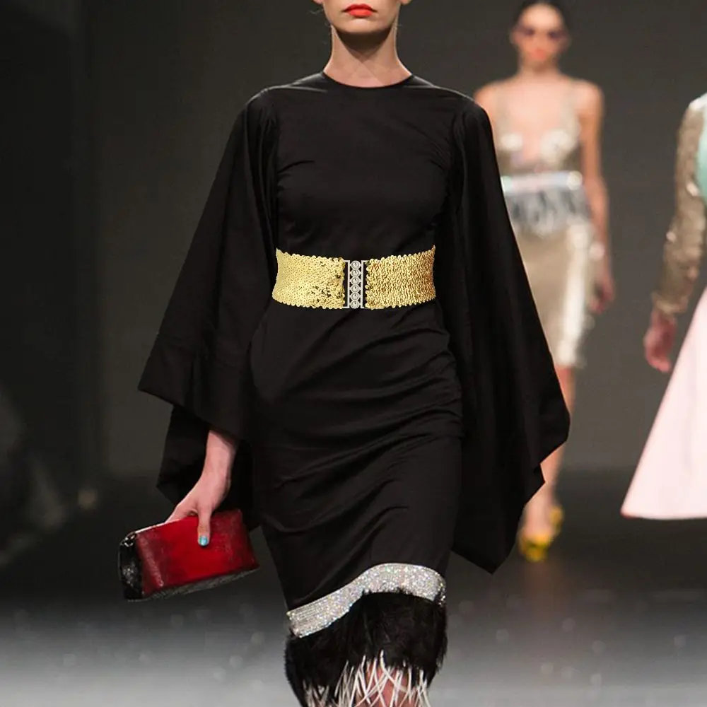 ผู้หญิงยืด Cinch Belly เอวโลหะหัวเข็มขัดเข็มขัดเลื่อมกว้างเข็มขัดสุภาพสตรีชุด Cummerbands