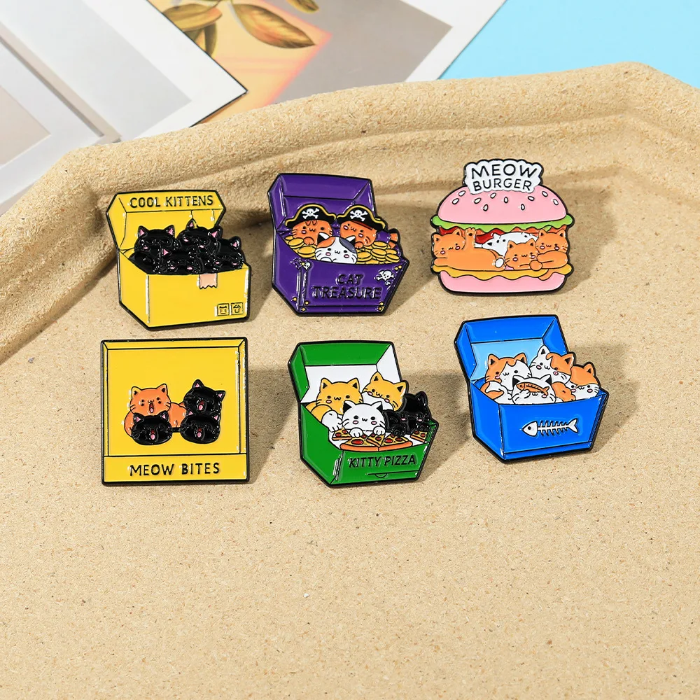 Cute and Fun Cat Food Metal Badge Burger Pizza Treasure Box Creative Cartoon Lacquer Pin Accessories Set