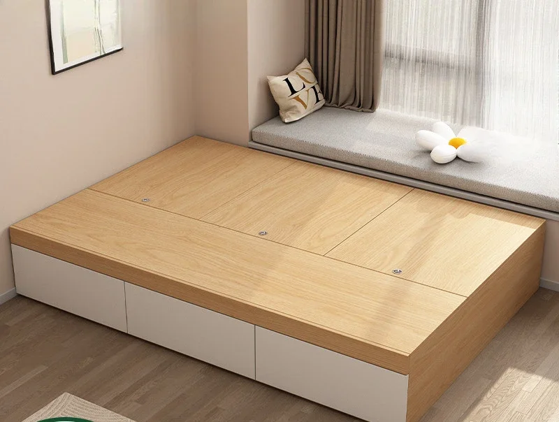 Cama tatami de madera maciza sin cabecera, cama doble de almacenamiento, habitación de alquiler con suelo para el hogar de 1,2 metros, cama individual para apartamento pequeño