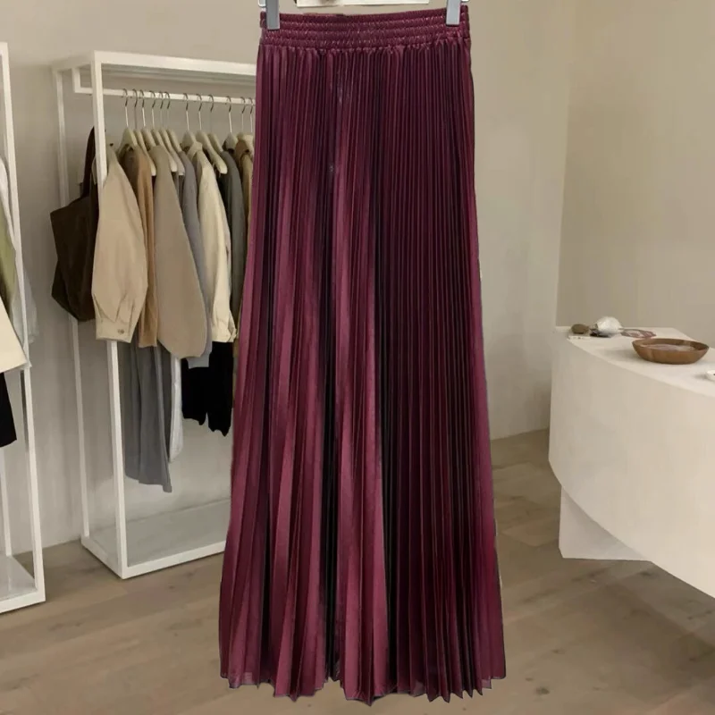 

Women Vintage Midi Skirt Wide Elastic Waistband High Waist Pleated A-Line Skirt Summer Solid Color Long Skirts