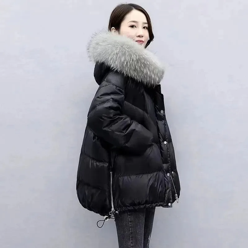 2025 Winter New Warm Down Cotton Jacket With Large Fur collar Hooded Coat Loose Women Thicken Parker Puffer Overcoat Casual wear