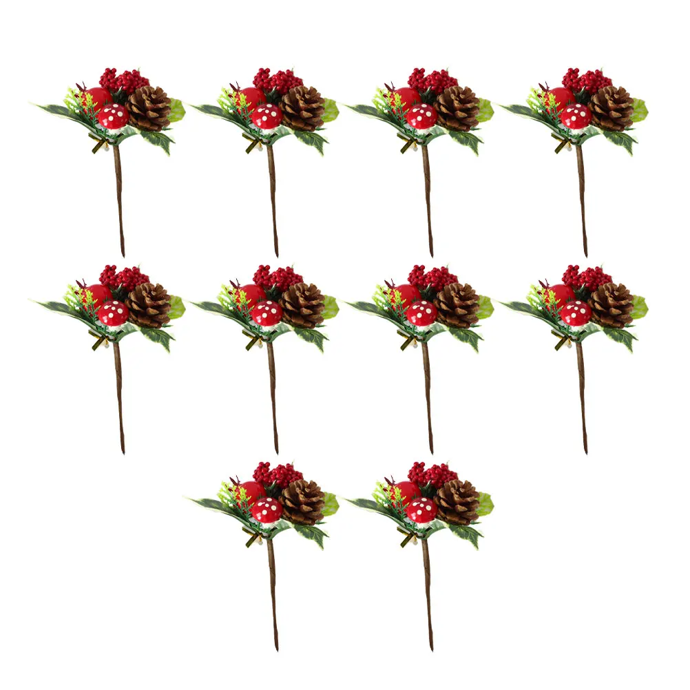 

10pcs Christmas Artificial Pine Pick Stems Green Hollow Leaf Fake Pomegranate Mushroom Plant For Diy Wreath Tree Decoration