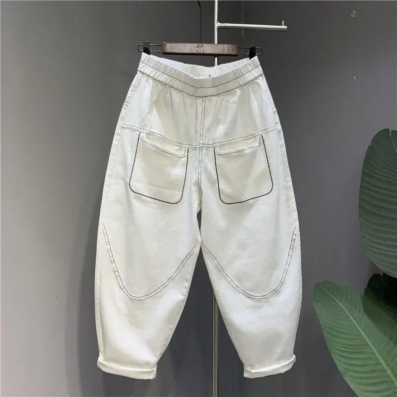 

White Hip-hop Daddy Jeans Female 2024 Quilted Pocket Loose Slim Covering Meat Harem Baggy Pants Bloomers Womens Jeans