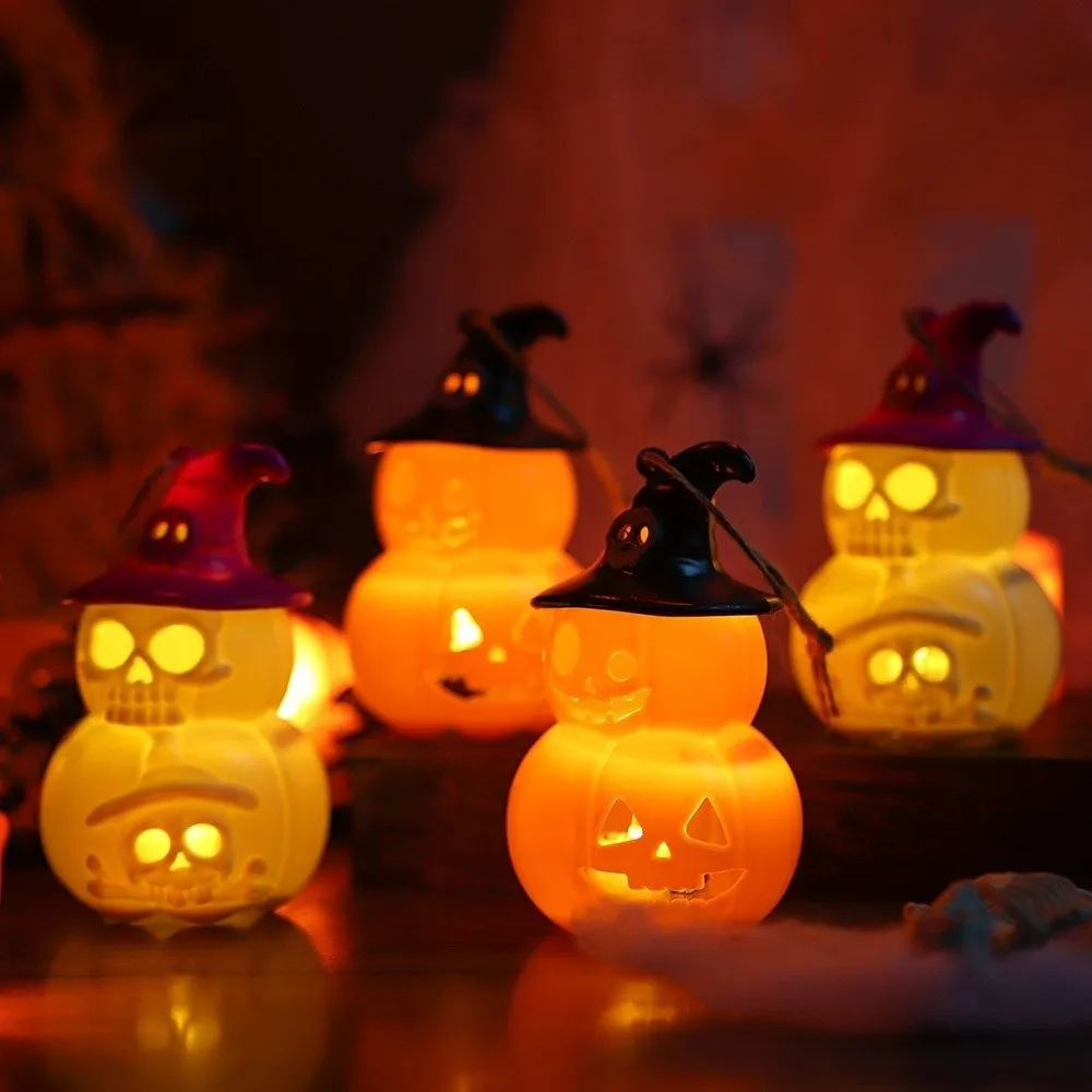 Skeleton Pumpkin Nightlight Button Cell Battery Operated LED Glowing Spooky Tabletop Lamp Durable Base Smooth Surface
