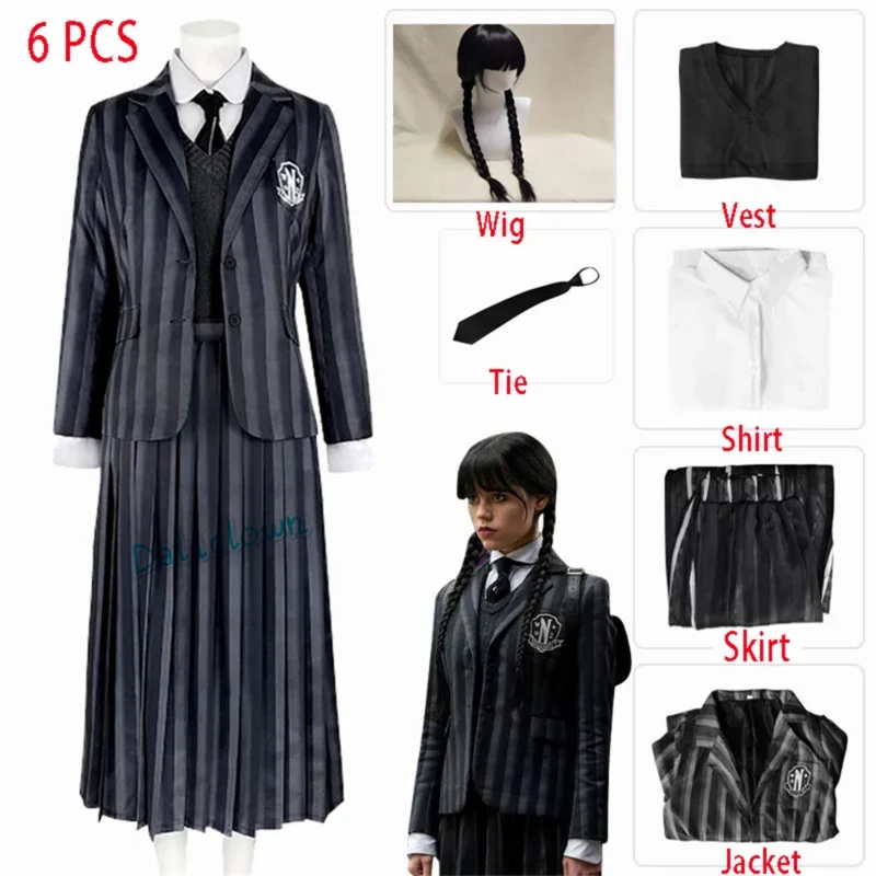 Costume de Cosplay Addams de mercredi pour femmes et filles, uniforme scolaire de l'académie Nevermore rayée, robe de paupières de fête imbibée, cheveux de perruque de tresse