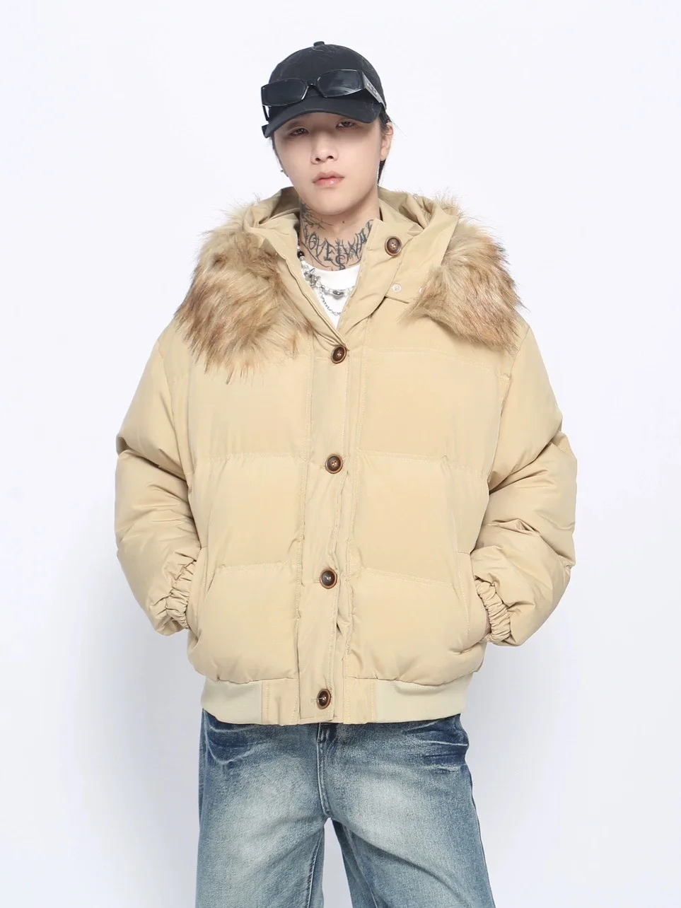 Winter Thickened American Style Trendy Retro Fur Collar Hooded Puffer Jacket Cotton Coat Warm Loose Casual Couple Jacket Unisex