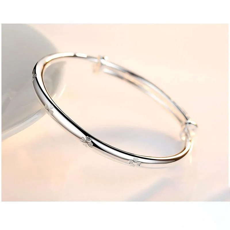 Fashion 925 Sterling Silver Woman Charm Cuff Bracelet Smoth Four Leaf Clover Adjustable Bangle Party Jewelry Gifts Christmas