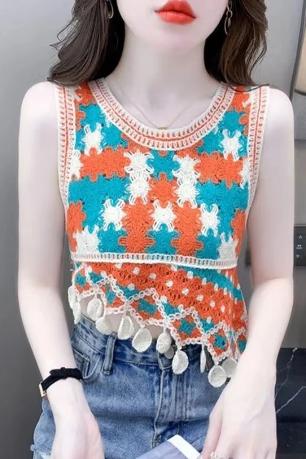 

Летний вязаный жилет без рукавов в стиле ретро с вышивкой и цветочным принтом, винтажный повседневный женский жилет с тонкими кисточками, полый пуловер Z991