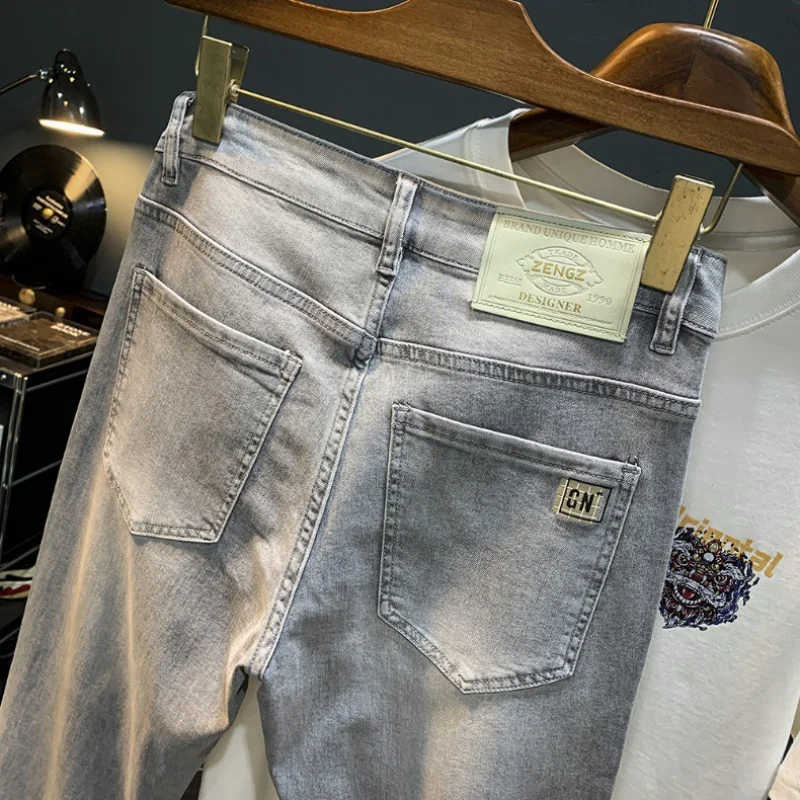 2024 NEW Summer Thin Men's Jeans 2024 New Smoky Gray Slim Fashion Korean Style Printed Mid Waist Casual Men's Trousers