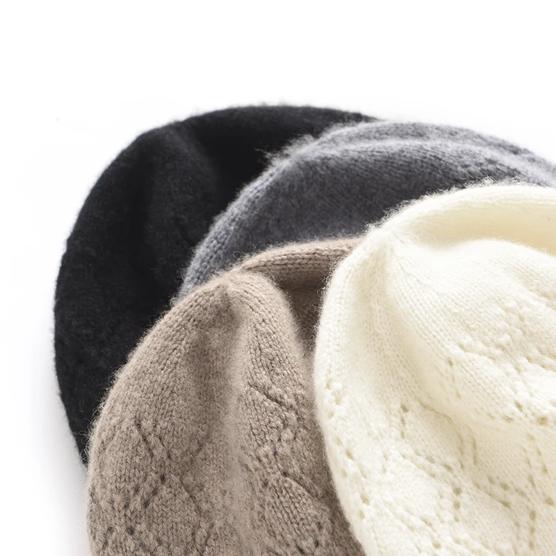 100% الكشمير الخالص الجوف الماس محبوك سميكة ذات حواف قبعة البلوز للرجال والنساء عادية الجاكار الغزل كومة قبعة الباردة