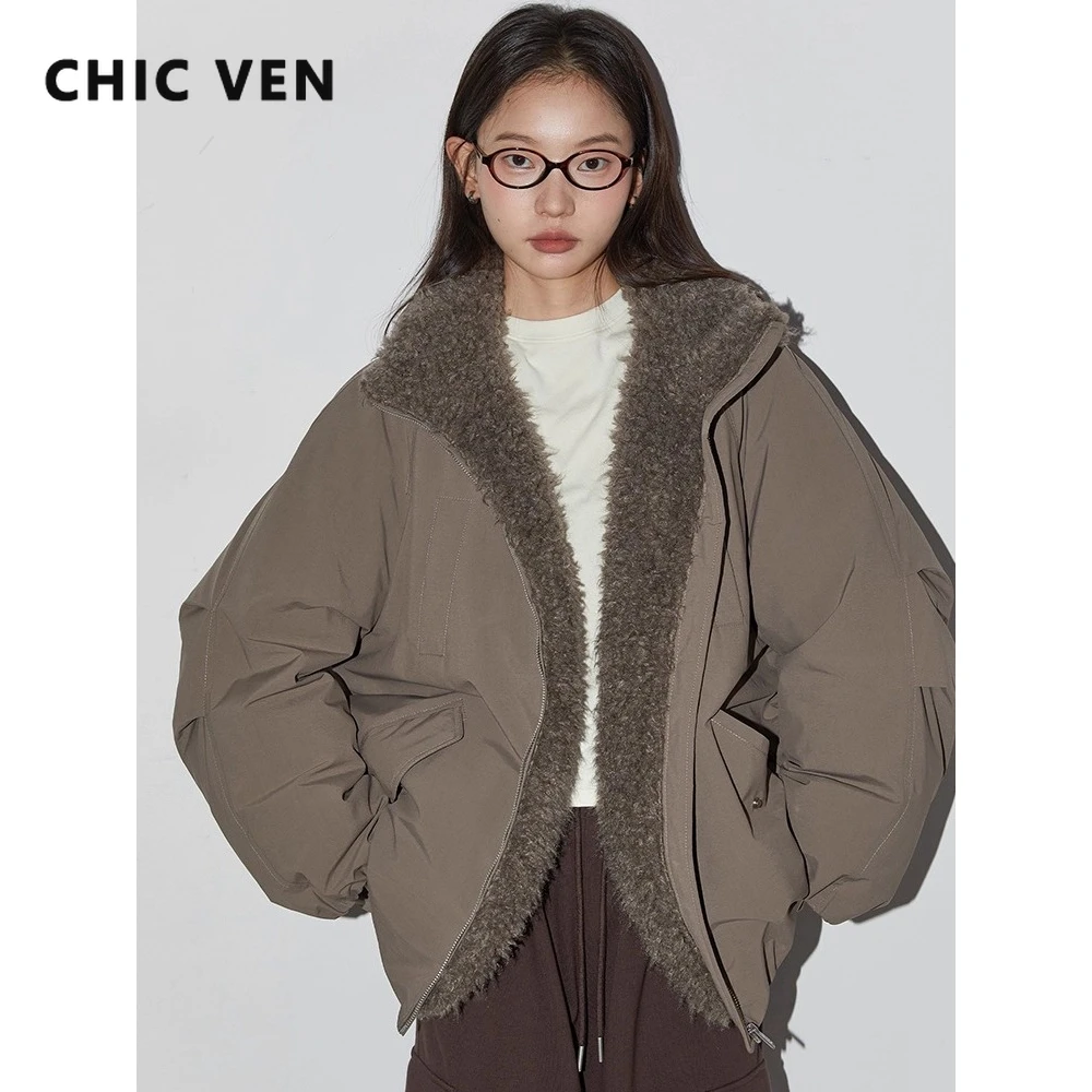 CHIC VEN Women Down Coats Loose Casual 90 White Duck Down Jacket Plush Splice Female Warm Overcoat Autumn Winter 2025