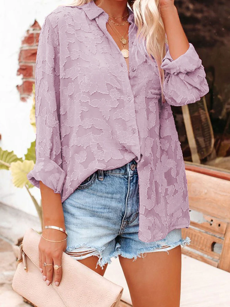 White Jacquard Chiffon Blouse Women Spring Summer Long Sleeve Button Shirts Elegant Vintage Casual See Through Oversize Blouses