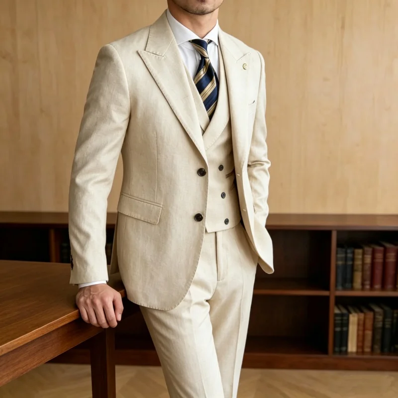 Men's 2 Piece Linen Suit Lightweight Slim Fit Formal Business Wedding Beach Gentleman Blazer Jacket Pants Party Wedding Set