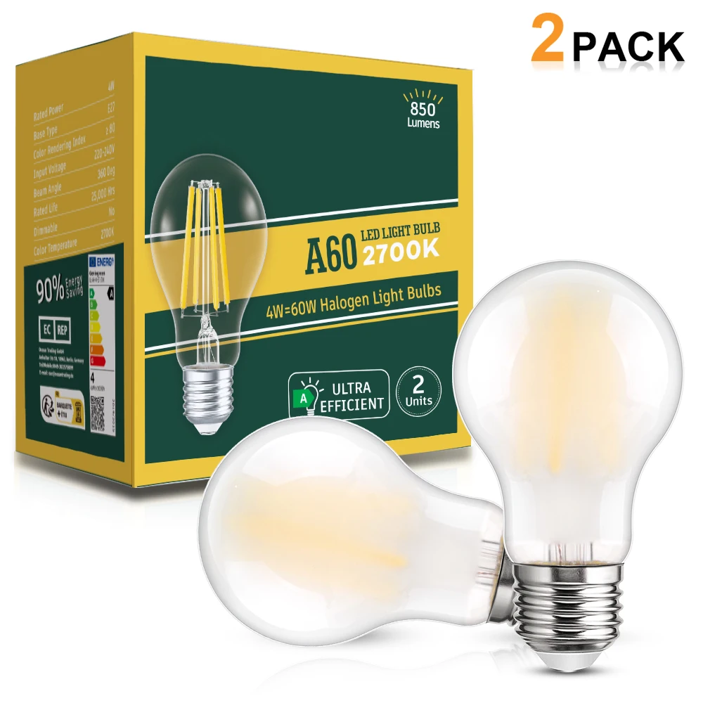 Lâmpada LED Edison Lustre, Geada Classe De Energia A + 4W, 850LM, Ampolas Brancas Quentes, Vintage Substituir, Luz Interior Retro, A60, E27, 220V