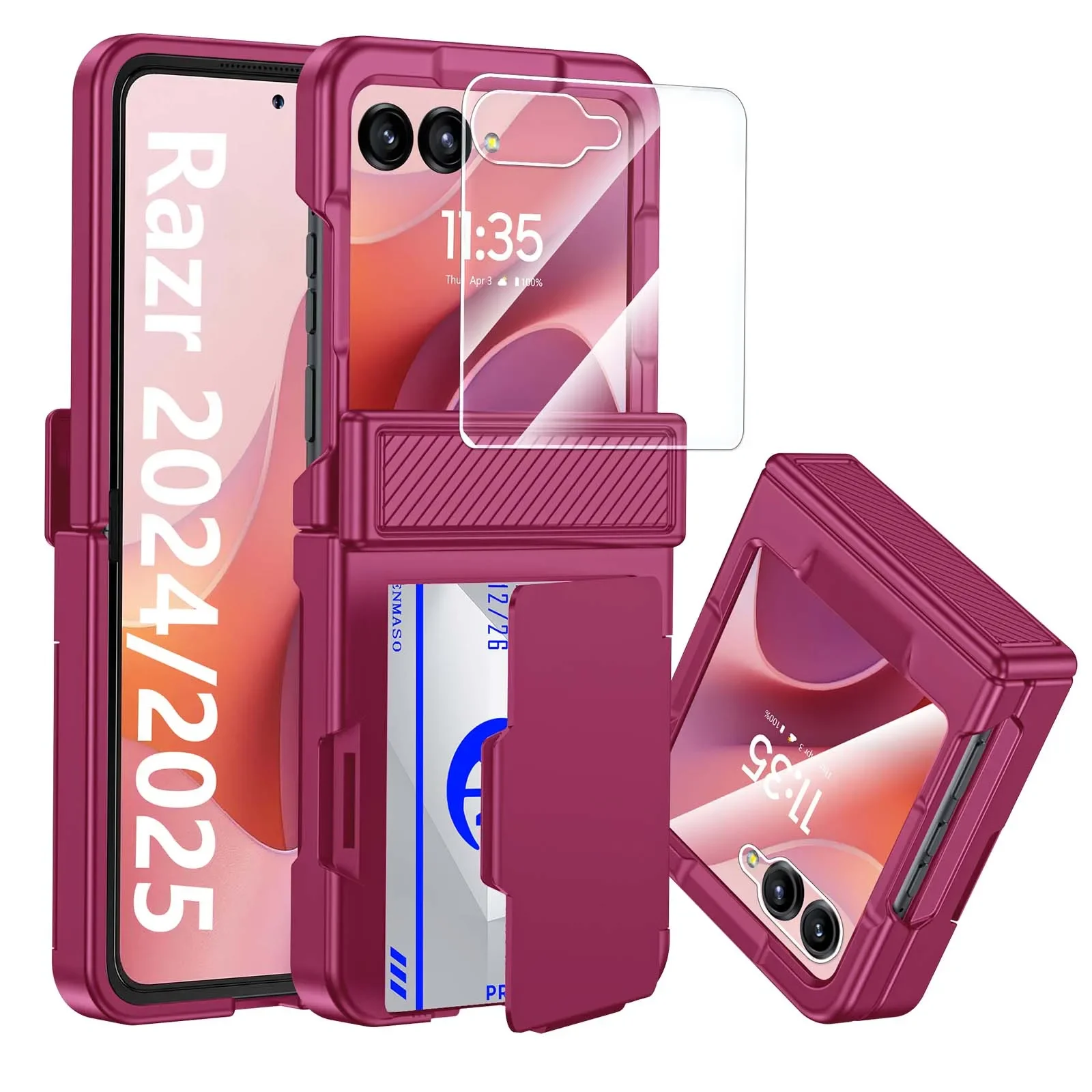 

for Moto Razr 70 2026/60 2025/50 2024 Phone Case,with Card Clip,Hinge Protection,RFID Shielding and Screen Protector-Rose Red