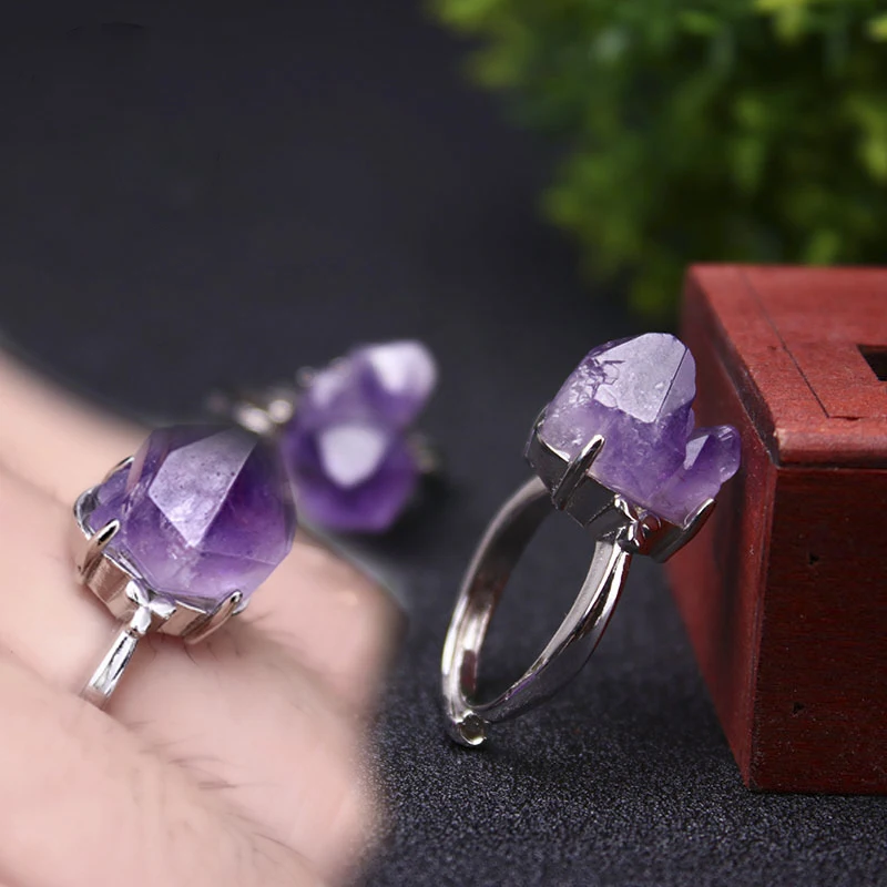 Natural Vintage  Amethyst Cluster Ring Crystal Rough Stone Flower  Adjustable Energy Silver Jewelry Sets Accessorl Gift Punk