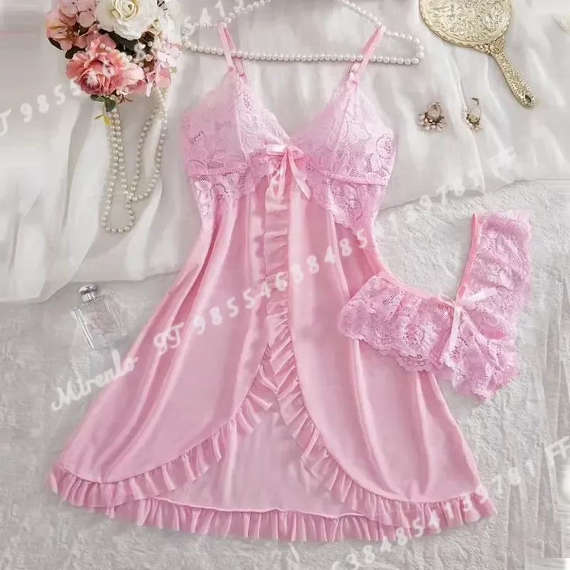 Pink Cute Women Sweet Nightdress And Panty Pajamas Suit Sleeveless Halter Nightgown Short Sets V Neck Bra Thong Luxury Kit