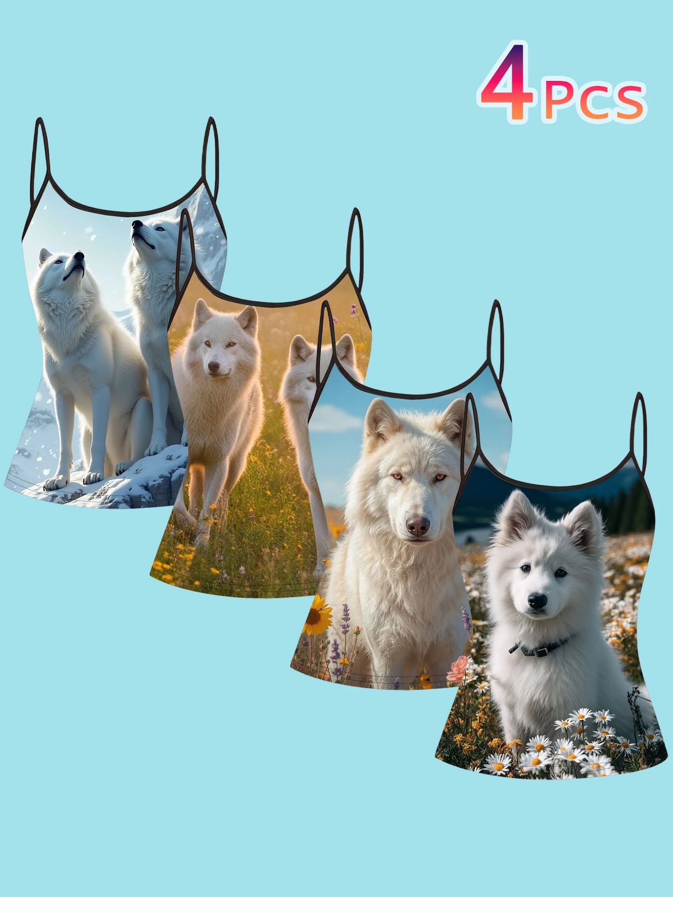 4-Piece Set of Glacier Grassland White Wolf Themed Camisole Set, Natural Scenery Animal Print Women's Short Base Tank Top