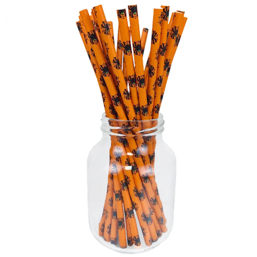 25-200 Stück Halloween Einweg Stroh Kürbis Spinne Schädel Muster Papier Strohhalme Orange Schwarz Dekoration Halloween Party Supplies – Detail 2