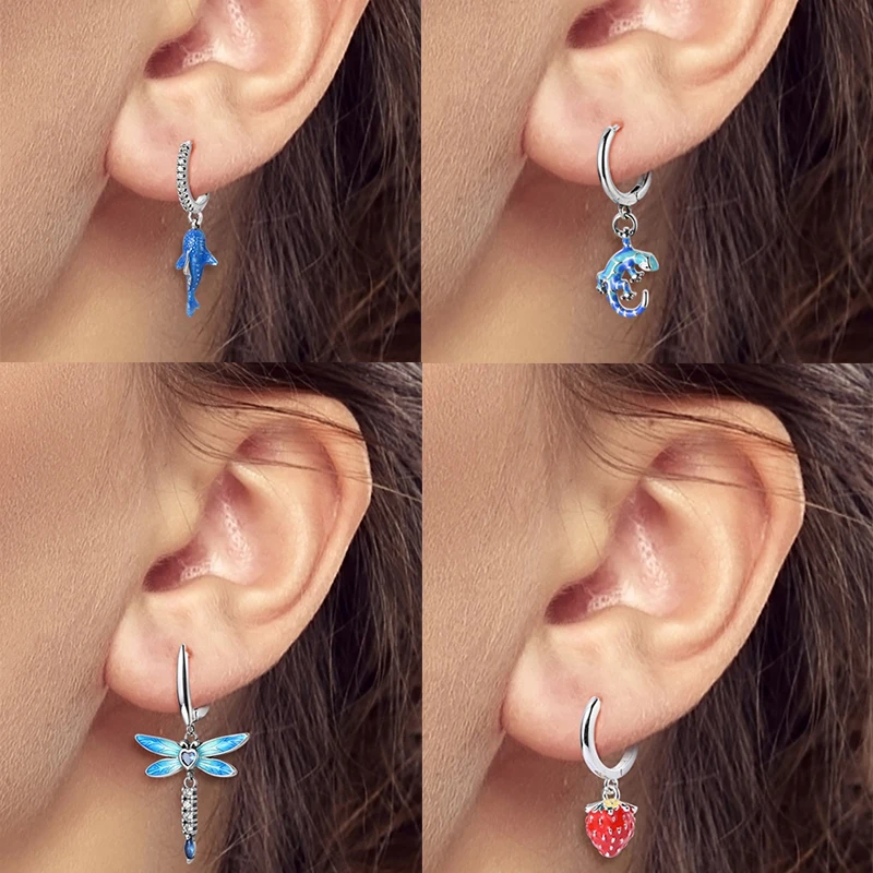 925 Sterling Silber Bunte Creolen Ohrringe mit Erdbeere, Libelle, Sonnenblume, Krabbe, Mantarochen und Lebensbaum als Geburtstagsgeschenk für Frauen – Detail 8