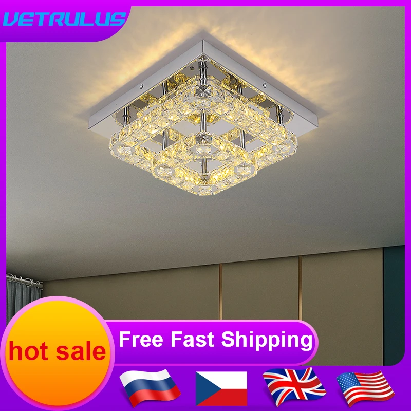 Modern Chandelier Ceiling Lamp K9 Crystal Led Square Pendant Light Luminaire Bedroom Living Room Home Decor Balcony Fixture