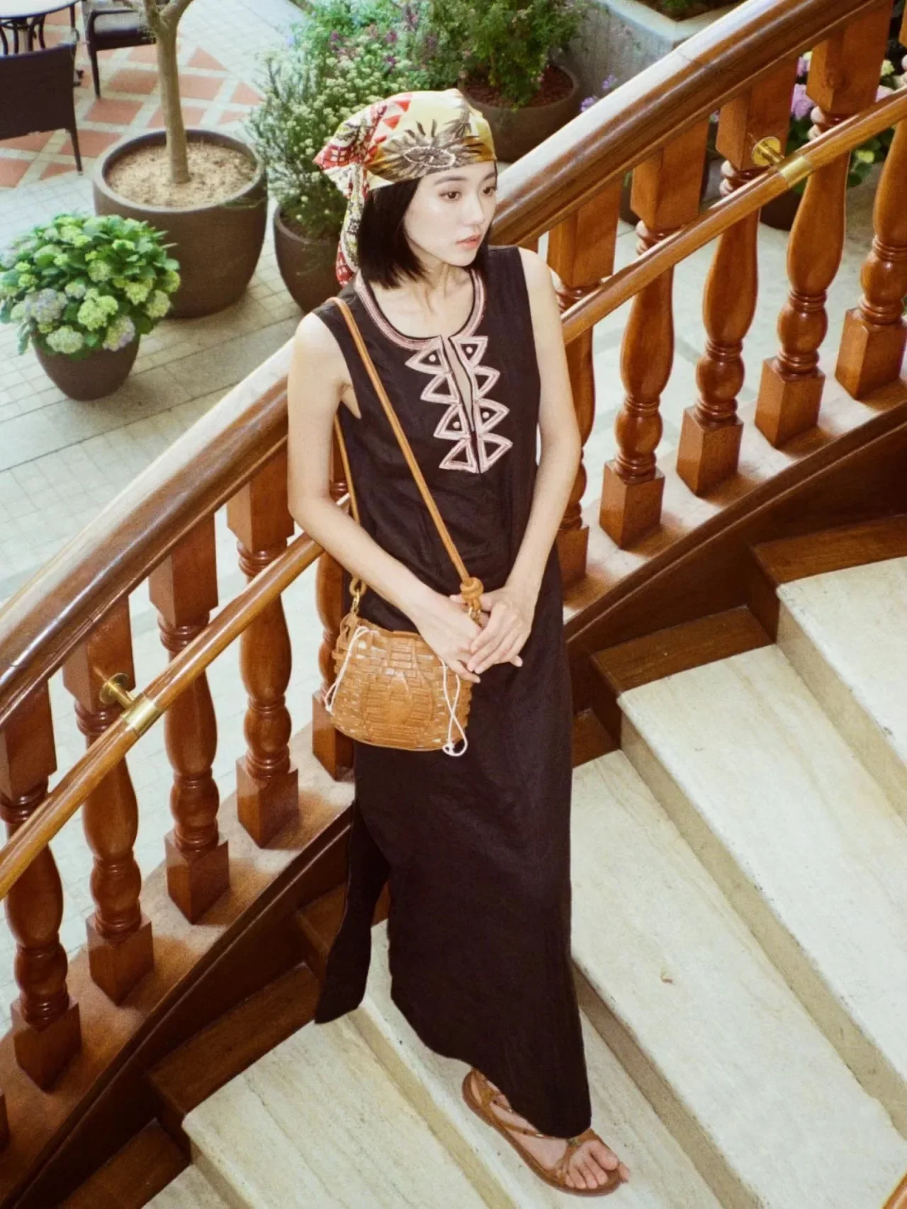 

Women's linen sleeveless embroidered vacation style dress