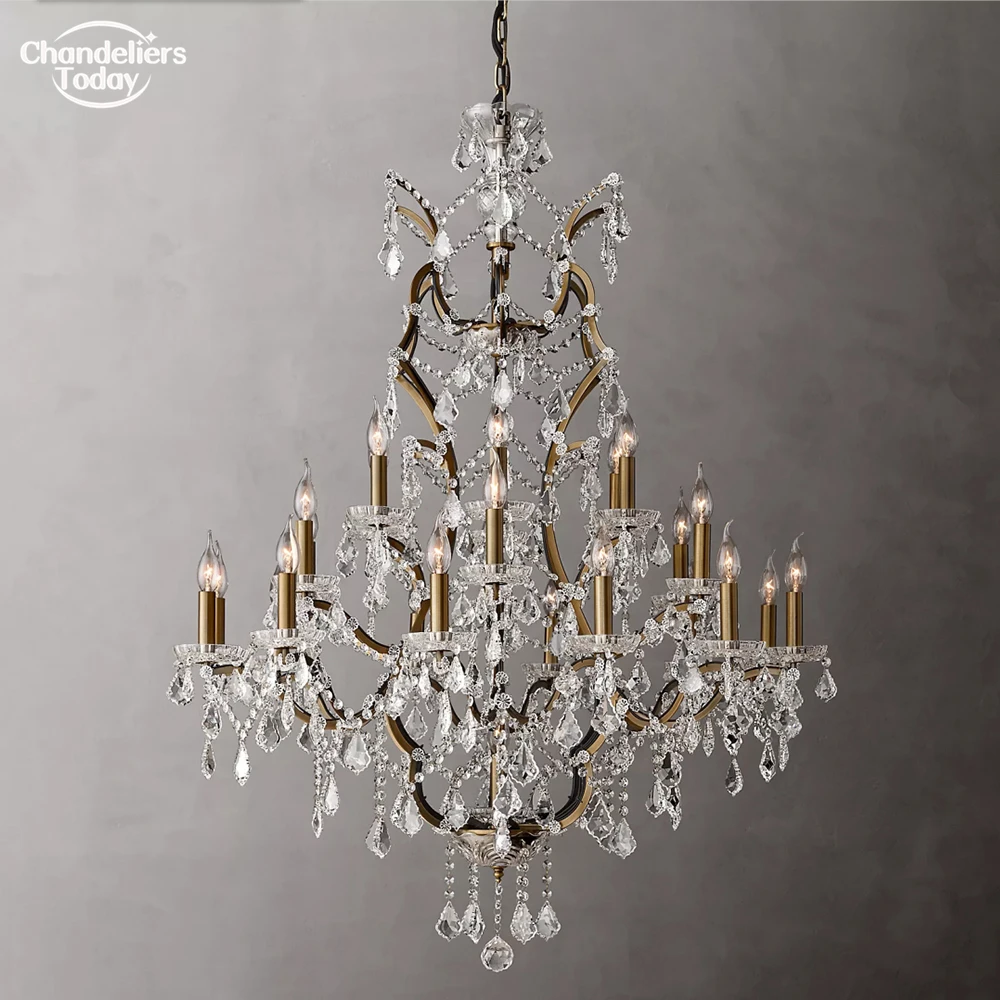 Luxury 19th C. Rococo Iron & Crystal Round Chandelier Brass Candlestick Ceiling Chandelier LED Foyer Clear Cristal Lustre Lamp