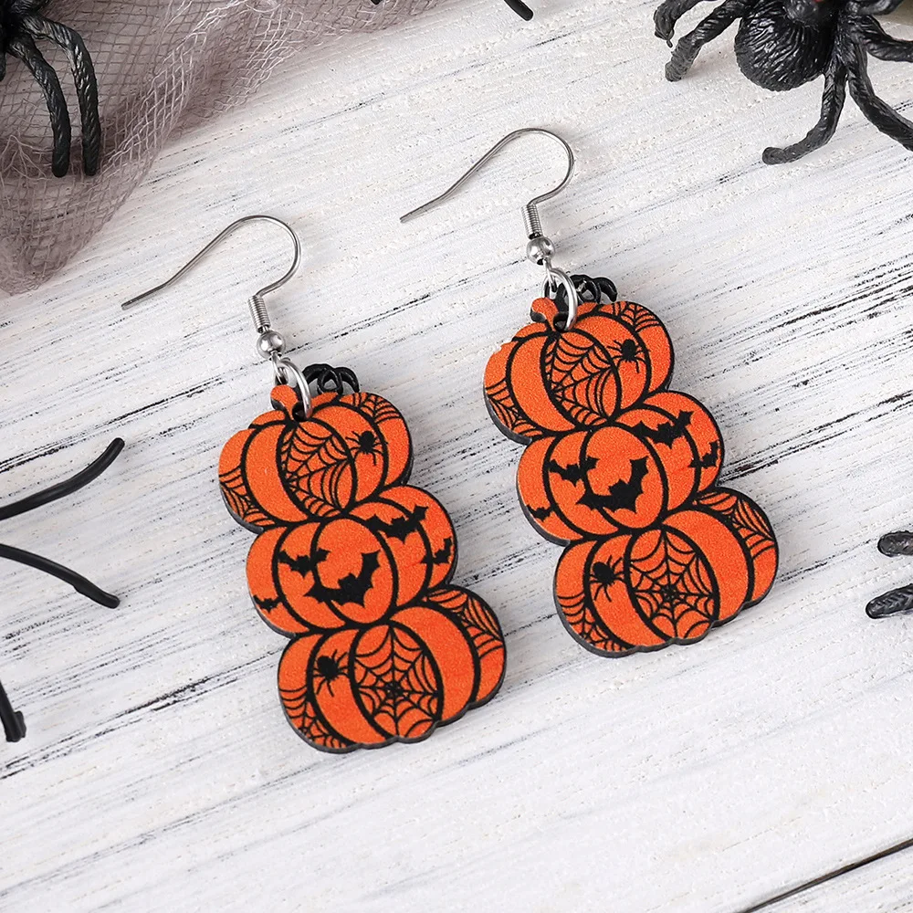 Halloween Bat Grimace Pumpkin Pendant Earrings Wooden Goth Accessories image 2