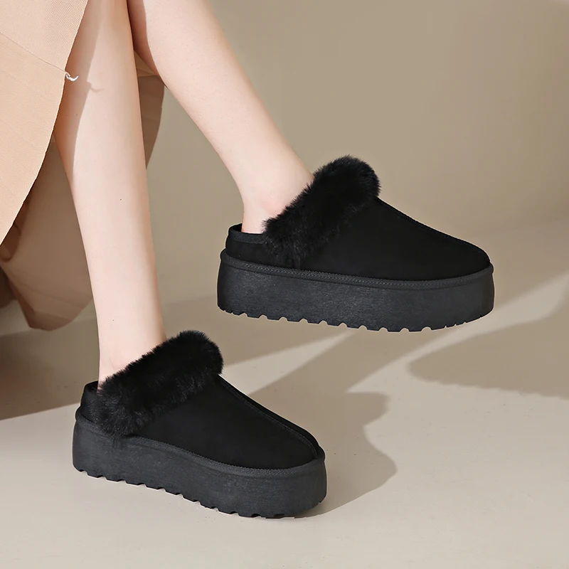 Slip on Faux Fur Warm Winter Mules Women Fluffy Suede Comfy Female Slippers Shearling Fur Home Shoes Scuff Clog Platform