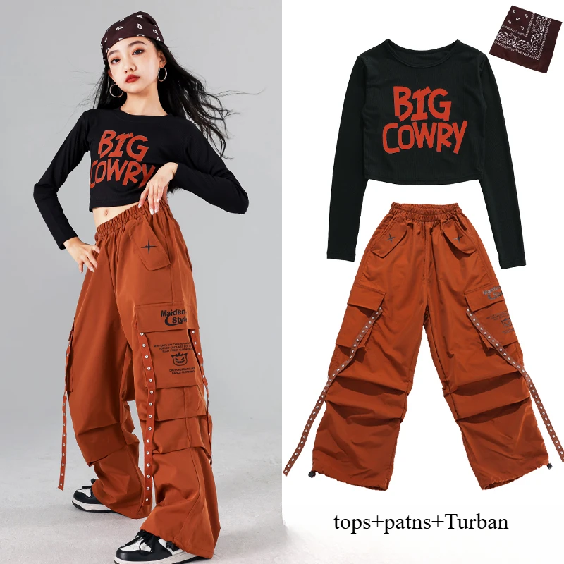 بدلة رقص الجاز للأطفال ملابس علوية سوداء لون الكرمل سراويل طويلة ملابس ممارسة الهيب هوب موضة المرأة مجموعة الرقص المشجع