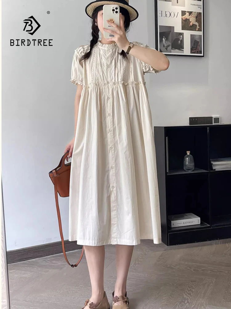 

New 2025 Summer Cotton Puff Sleeve Dresses, Women O Neck Button Patchwork, Mori Girl Casual Versatile Loose Doll Dress D54920CC