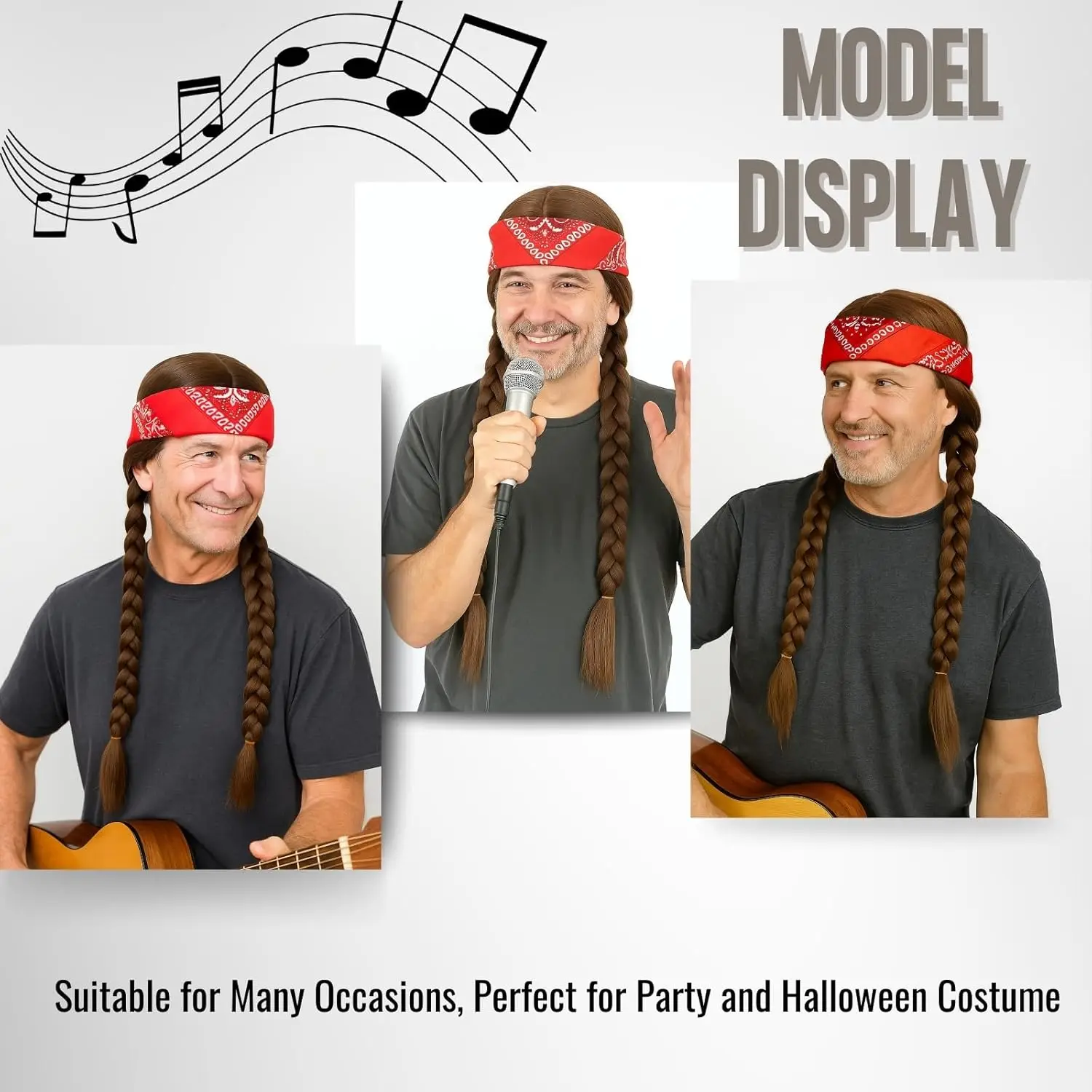 Long Brown Braided Wig with Bandana for Mens 60s Hippie Costume Halloween Party Wigs