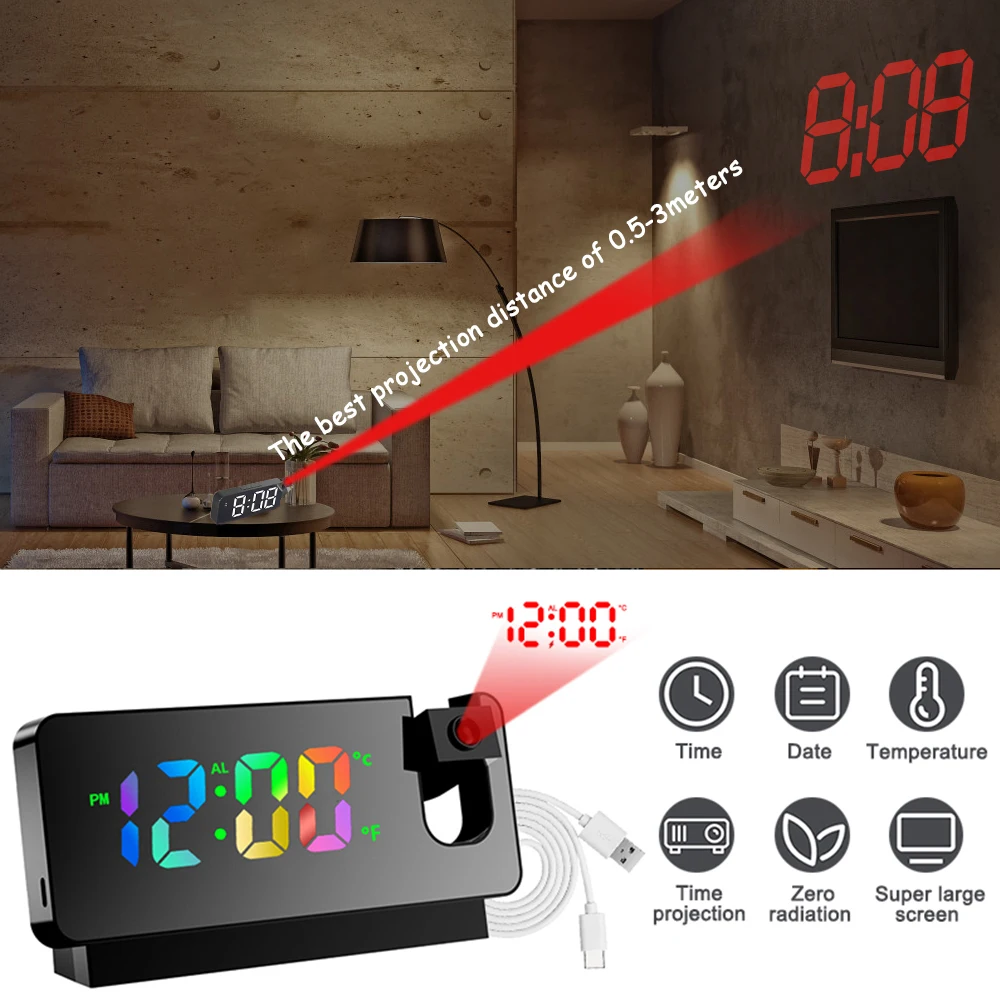 

Projection Digital Alarm Clock 180° Rotation USB Electronic Ceiling Projector Mirror LED Alarm Clock for Bedroom Desktop Clock