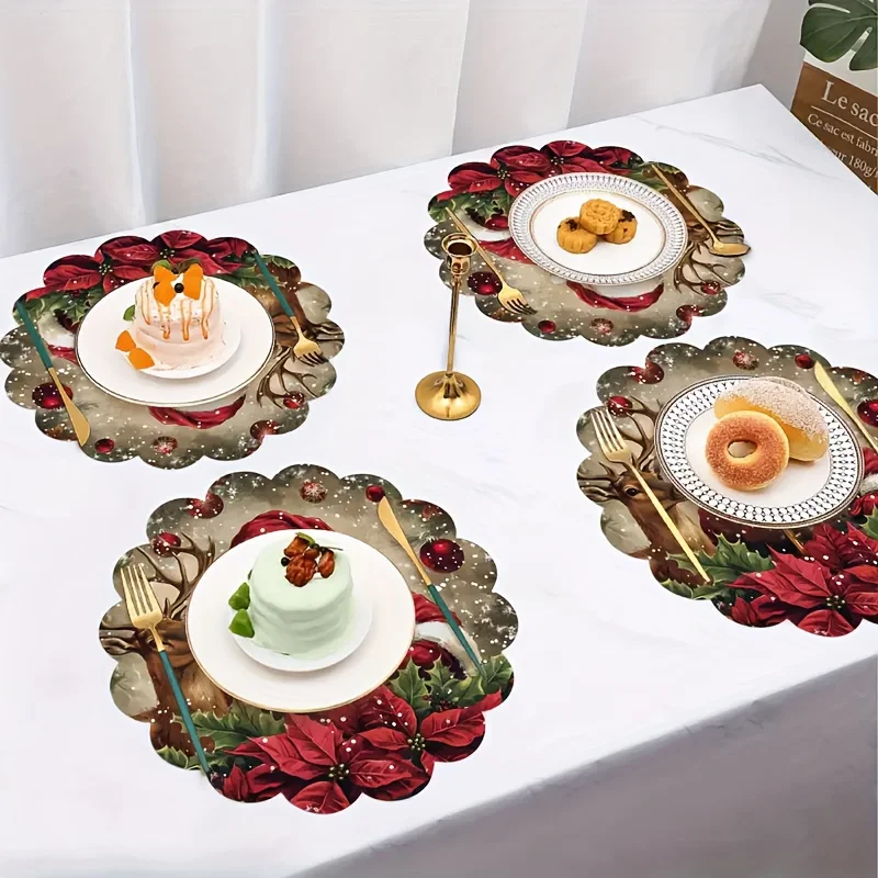 VIKAMA 4PC Christmas Santa Claus Reindeer Placemat Red Green White Dining Table Restaurant Christmas Party Decoration