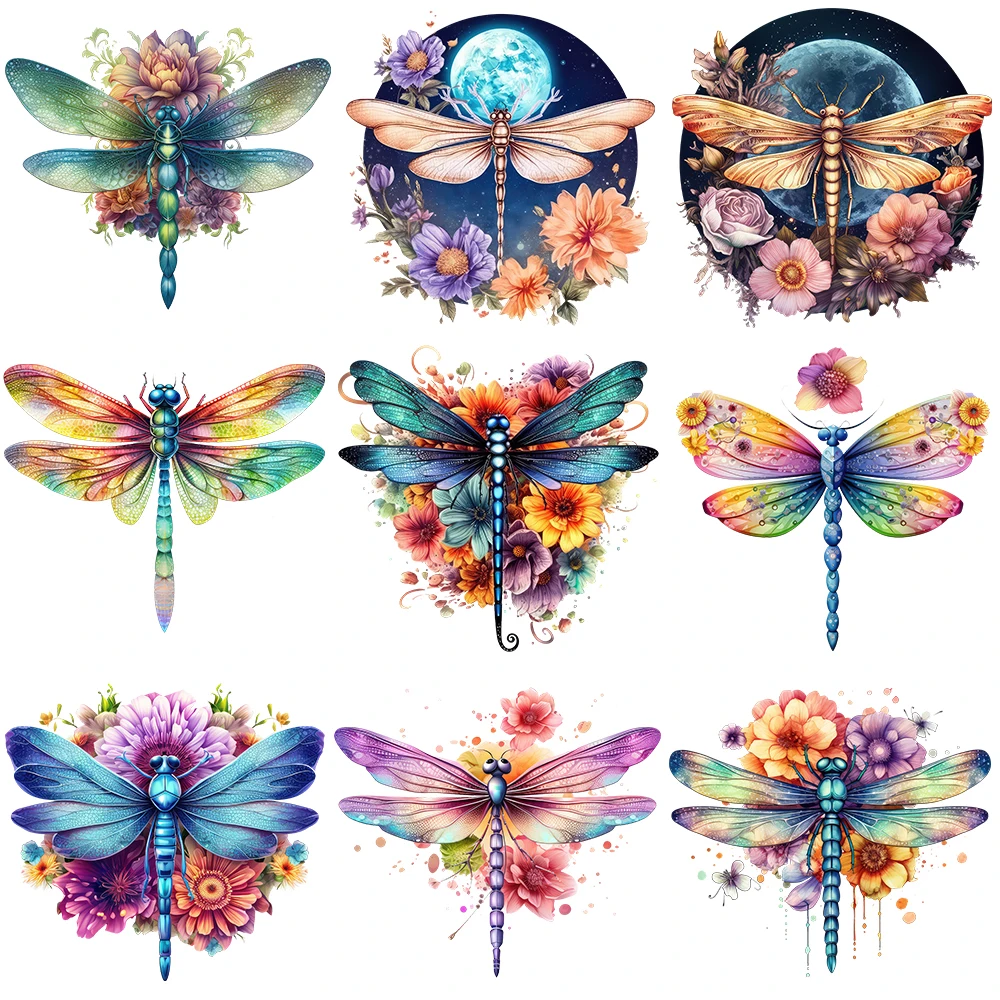 New 25cm Colorful Flower Dragonfly Iron-On Transfers Sticker For T-Shirts DIY Washable Heat Transfer Patch For Clothes Stickers